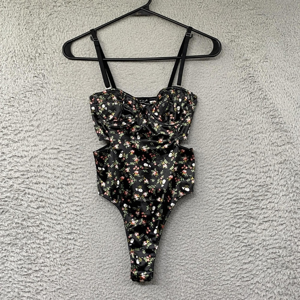 Out From Under Bodysuit Womens XS Black Floral Underwire Cutout High Leg